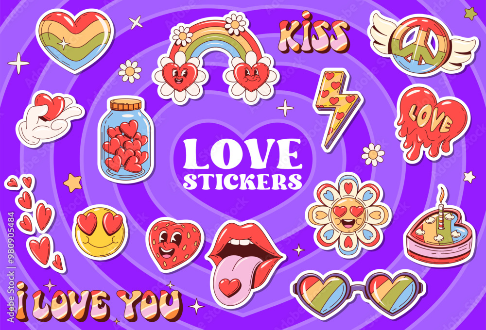 Retro y2k groovy love stickers pack. Vibrant hearts in glass jar, peace signs, rainbow and emotive expressions, daisy flower and mouth with nostalgic touch. Vector patches with playful, romantic vibe Retro y2k groovy love stickers pack. Vibrant hearts in glass jar, peace signs, rainbow and emotive expressions, daisy flower and mouth with nostalgic touch. Vector patches with playful, romantic vibe