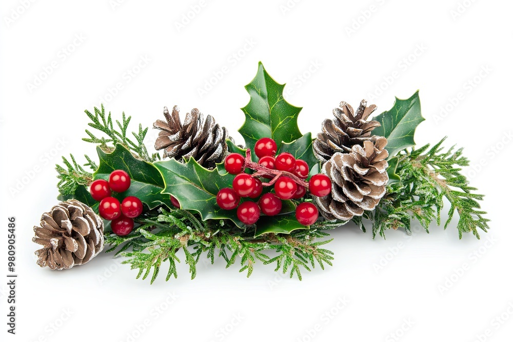 Christmas decoration of holly berry and pine cone on white background Christmas decoration of holly berry and pine cone on white background