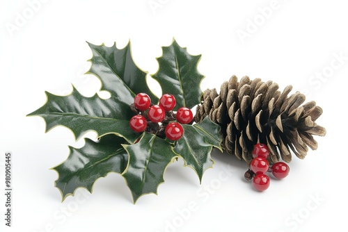 Christmas decoration of holly berry and pine cone on white background