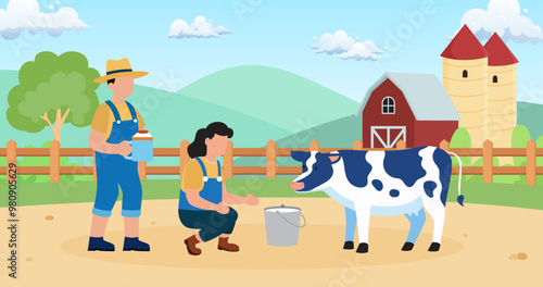 Farmers are raising dairy cows in a natural farm area illustration design