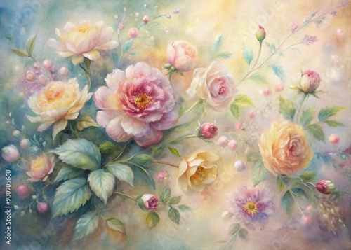 Soft focus pastel paper mixed media painting with delicate floral patterns, gentle brushstrokes, and subtle texture, evoking a sense of romantic whimsy and dreaminess.