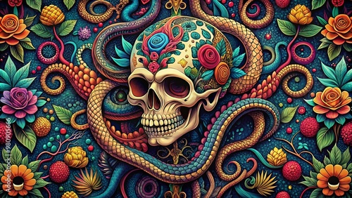 Wallpaper Mural Intricate illustration of a serpent coiled around a skull, surrounded by ornate floral patterns and mystical symbols, Torontodigital.ca