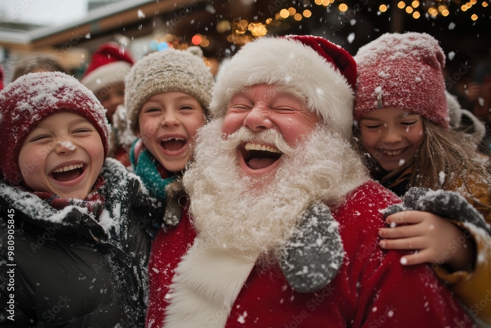 A cheerful Santa Claus laughing heartily while surrounded by a group of joyful children, all bundled up in winter clothes, experiencing the snowy weather. A cheerful Santa Claus laughing heartily while surrounded by a group of joyful children, all bundled up in winter clothes, experiencing the snowy weather.