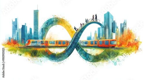 Infinite symbol vector art illustration that combines urban landscape with business people. Cities, high-rise buildings, green spaces, and trains are connected through harmonious design #980905821