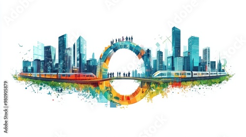 Infinite symbol vector art illustration that combines urban landscape with business people. Cities, high-rise buildings, green spaces, and trains are connected through harmonious design #980905879