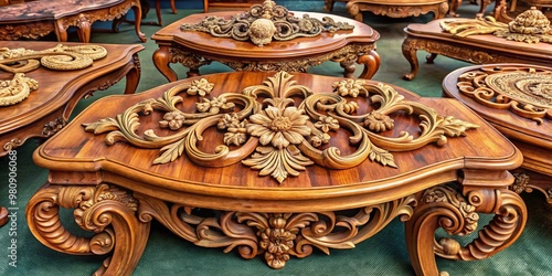 Intricately carved wooden appliques in various shapes and sizes adorn a velvet-draped table, showcasing ornate floral photo