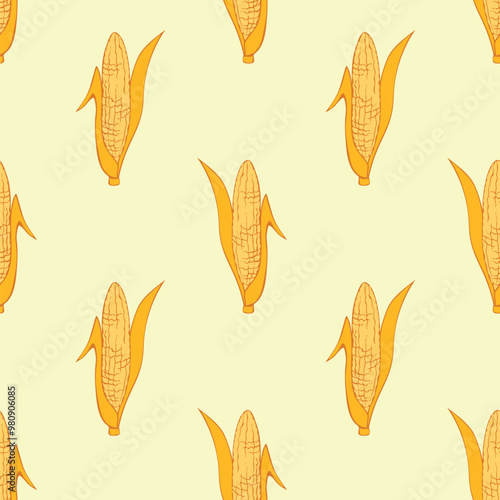 Maize Seamless pattern. Vector Vegetable background. Hand drawn doodle Corn cobs and corn grains