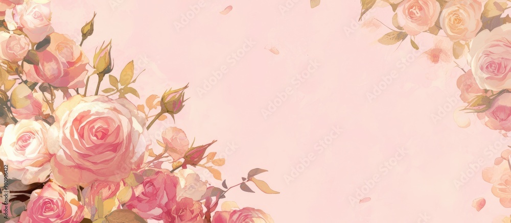 Top view of a vibrant painting featuring beautiful roses and petals on a soft pink background with space for text insertion Top view of a vibrant painting featuring beautiful roses and petals on a soft pink background with space for text insertion