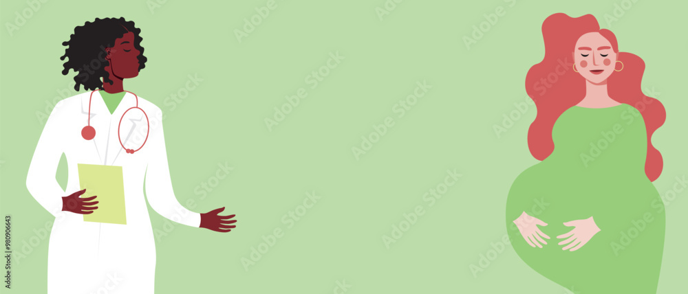 Pregnant woman and gynecologist doctor, concept of pregnancy management, healthcare, wellness, flat vector stock illustration copy space Pregnant woman and gynecologist doctor, concept of pregnancy management, healthcare, wellness, flat vector stock illustration copy space