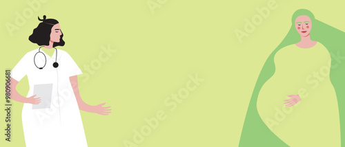 Pregnant woman and gynecologist doctor, pregnancy management concept, flat vector stock illustration or copy space template