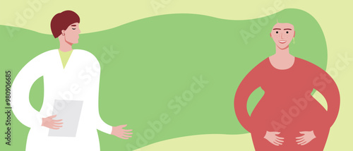 Pregnant woman and gynecologist doctor, pregnancy planning concept, flat vector stock illustration or copy space template