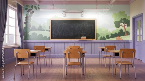 School Interior with Blank Blackboard Mockup