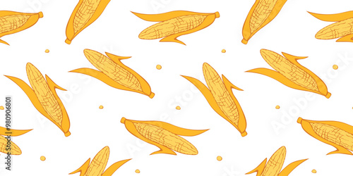 Maize Seamless pattern. Vector Vegetable background. Hand drawn doodle Corn cobs and corn grains