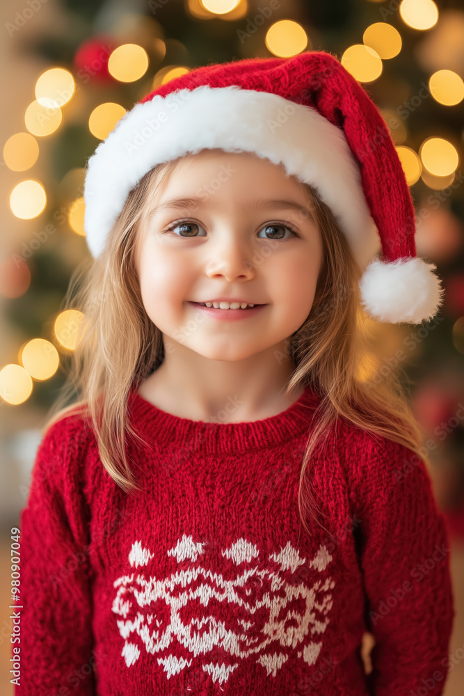 caucasian little girl wearing a santa hat and red christmas sweater with a holiday backdrop caucasian little girl wearing a santa hat and red christmas sweater with a holiday backdrop