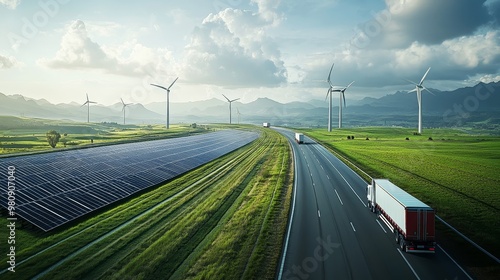 Green scenery from the perspective of surreal drones, showcasing solar panels and wind turbines alongside trucks on highways, highlighting renewable energy and sustainability.