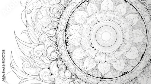 Mandala art featuring spirals and curlicues with a floral design on a white backdrop for coloring purposes photo