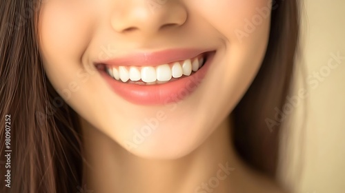 A close-up of a smiling woman showcasing her bright teeth and healthy smile.