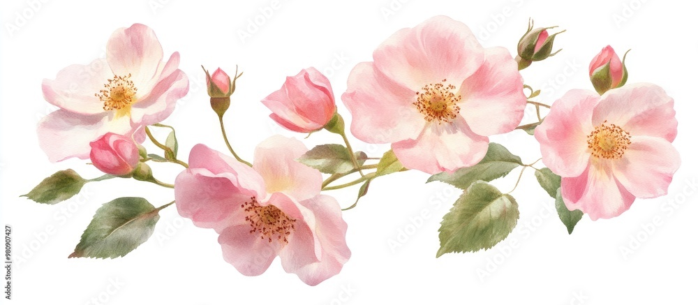 Fototapeta premium Artwork of a cluster of pink dog roses set against a clean white backdrop