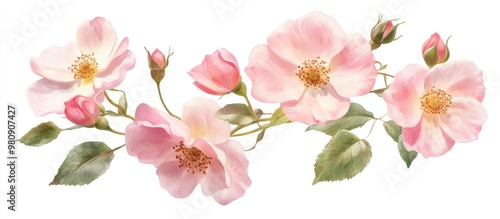 Artwork of a cluster of pink dog roses set against a clean white backdrop