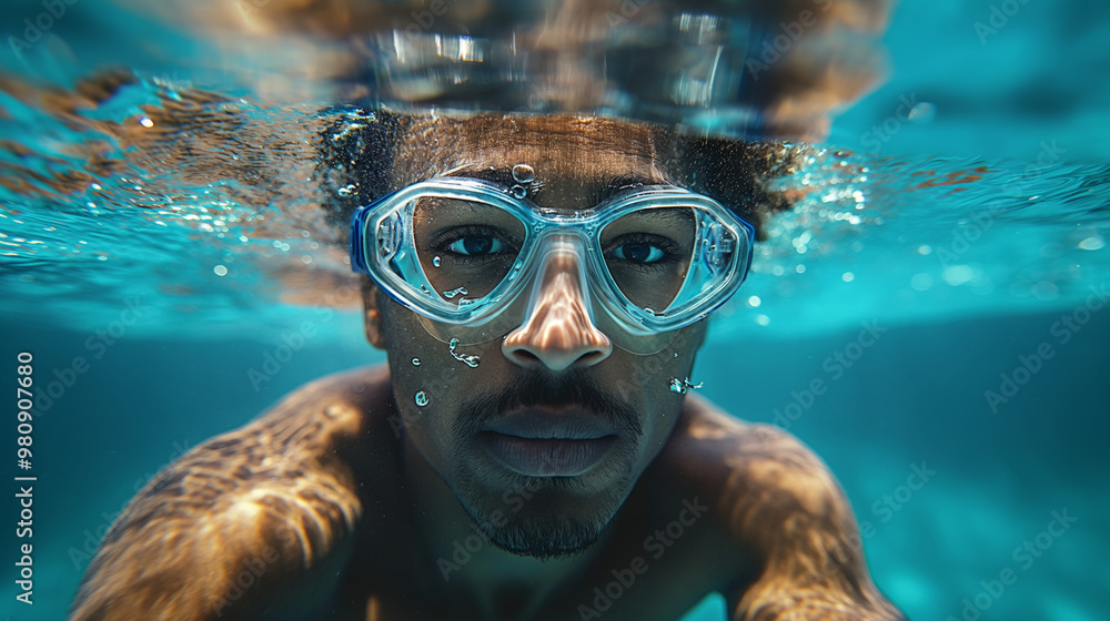 Fototapeta premium Beneath the Azure: A portrait of a young man embracing the underwater world, his gaze steady through swimming goggles as he explores the turquoise depths.