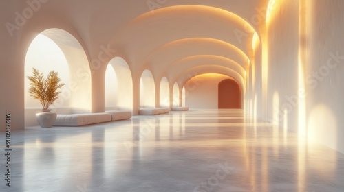 Modern interior space with arches and warm lighting.