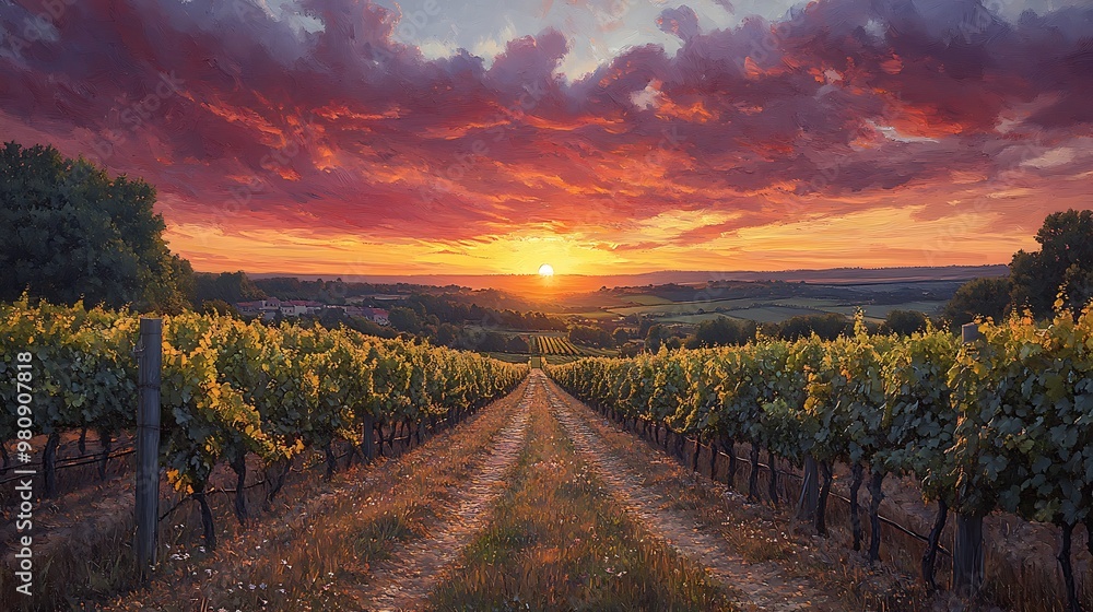 Fototapeta premium A dirt road leads through a vineyard at sunset, with a vibrant sky overhead.