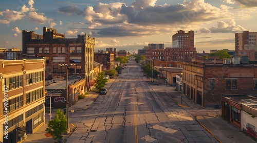 A vibrant cityscape of Gary, Indiana's downtown, bathed in warm afternoon light, showcasing historic buildings, streets, and an urban landscape devoid of human presence. photo