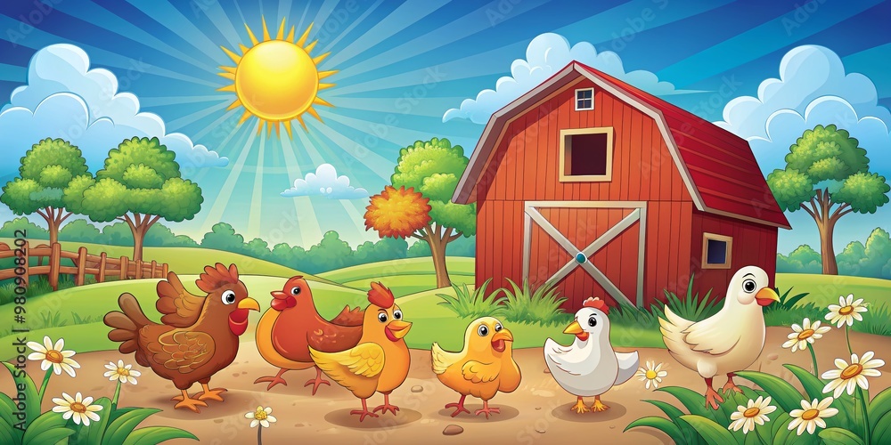 Colorful cartoon farm scene featuring happy chickens roaming freely around a rustic red barn with a green meadow and sunny blue sky. Colorful cartoon farm scene featuring happy chickens roaming freely around a rustic red barn with a green meadow and sunny blue sky.