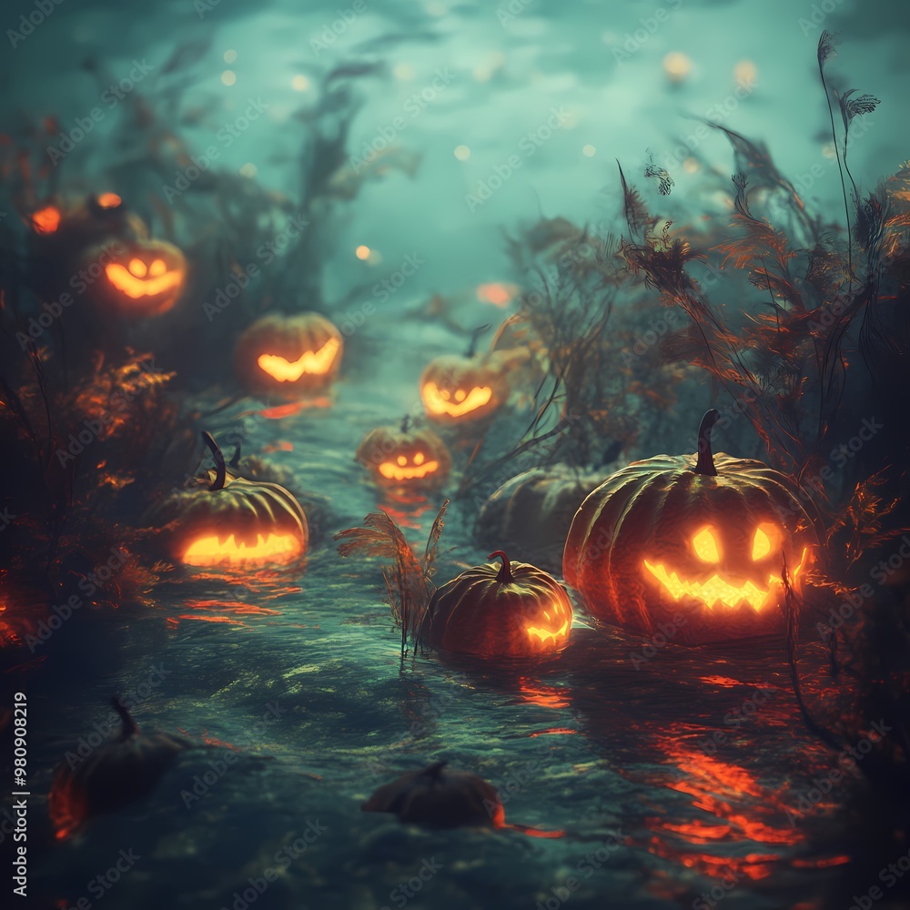 Naklejka premium Enchanting Glow: Eerie Underwater Scene with Glowing Pumpkins Submerged