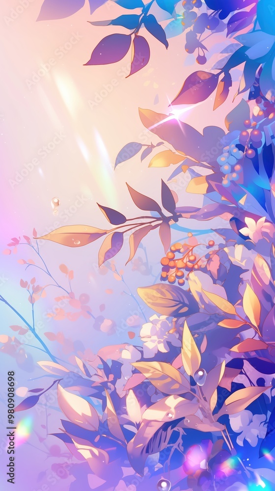 Sparkle drops on the leaves and flowers, rainbow sun lights on vertical background, wallpaper Sparkle drops on the leaves and flowers, rainbow sun lights on vertical background, wallpaper
