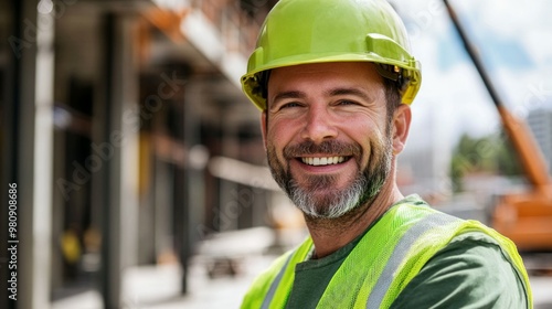 Portrait of construction worker in work suit wearing hard hat smiling and successful at construction site