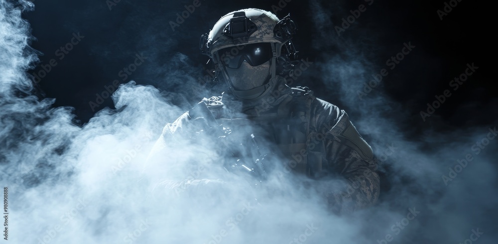 Attacker of the special unit stares threateningly in the eye of the enemy. Rear view. Attacker of the special unit stares threateningly in the eye of the enemy. Rear view.