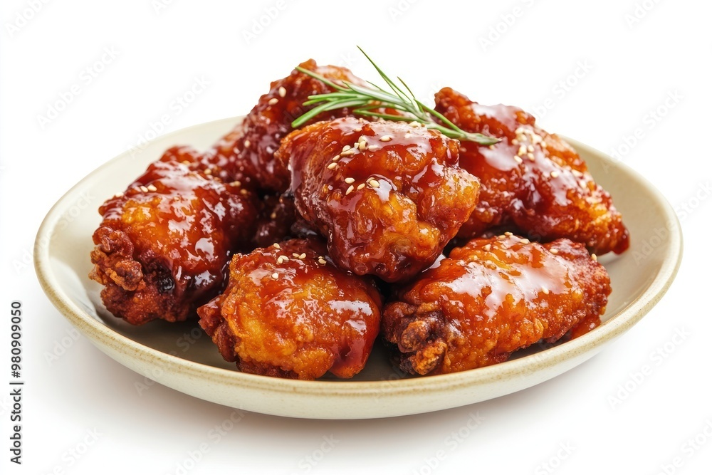 Korean fried chicken with juicy glaze sauce food background plate. Korean fried chicken with juicy glaze sauce food background plate.