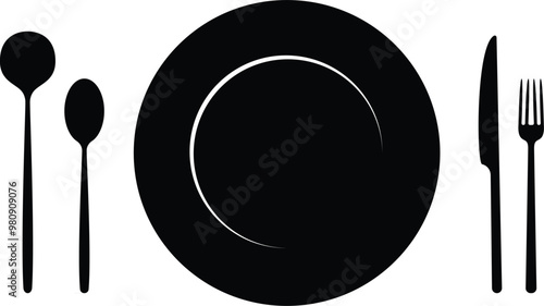 silhouette plate, spoon, fork, knife, eating equipment on transparent background