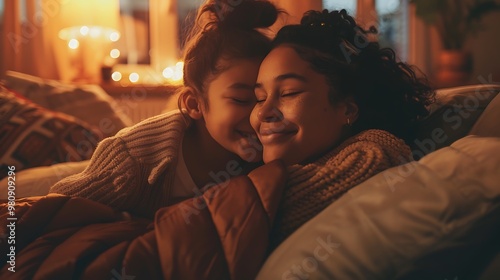 A warm and cheerful Mother's Day scene featuring a happy mother and her daughter sitting together on a couch. They are sharing a moment of joy and affection, 