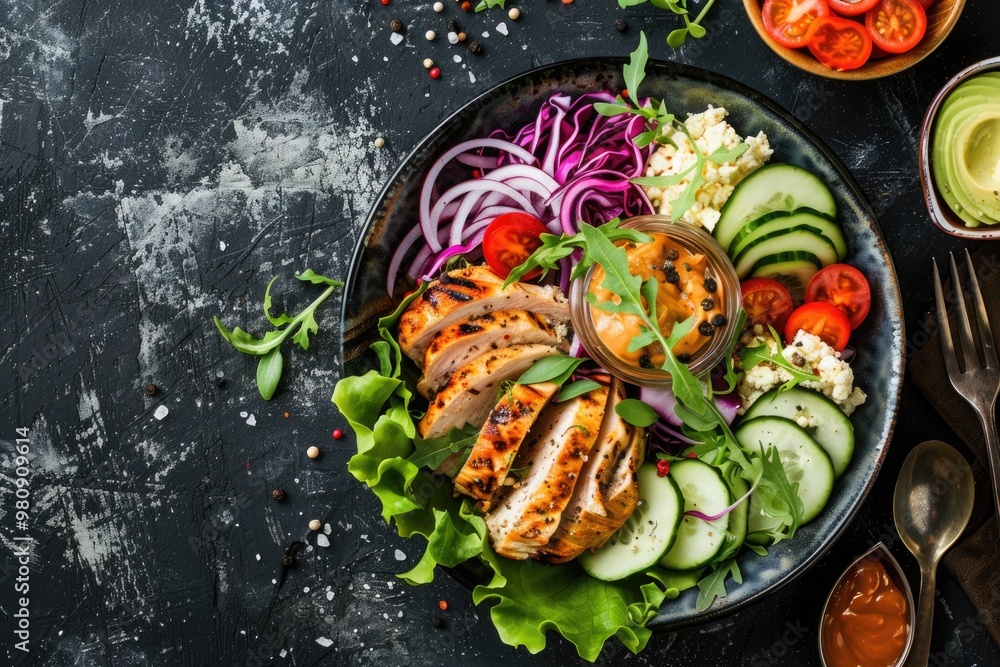 A salad bowl with grilled chicken, fresh greens, cucumbers, tomatoes, red onions, and a creamy dressing, served on a dark rustic background A salad bowl with grilled chicken, fresh greens, cucumbers, tomatoes, red onions, and a creamy dressing, served on a dark rustic background