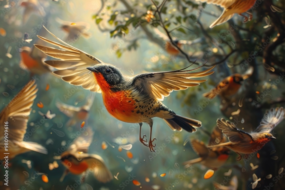 Obraz premium Colorful Bird in Flight Amongst Foliage and Fellow Birds