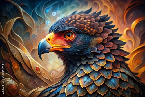 Vibrant abstract art piece featuring swirling feathers, regal browns, and skyward gazes, immortalizing the Bateleur eagle's majestic essence in an awe-inspiring, visually stunning composition. photo