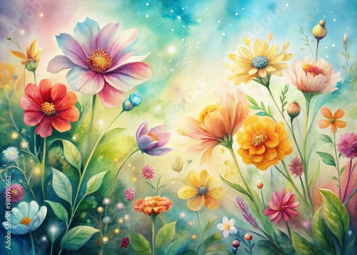 Vibrant watercolor illustration showcasing blooming flowers in soft hues, delicately arranged to represent spring and summer seasons in a whimsical, dreamy atmosphere.