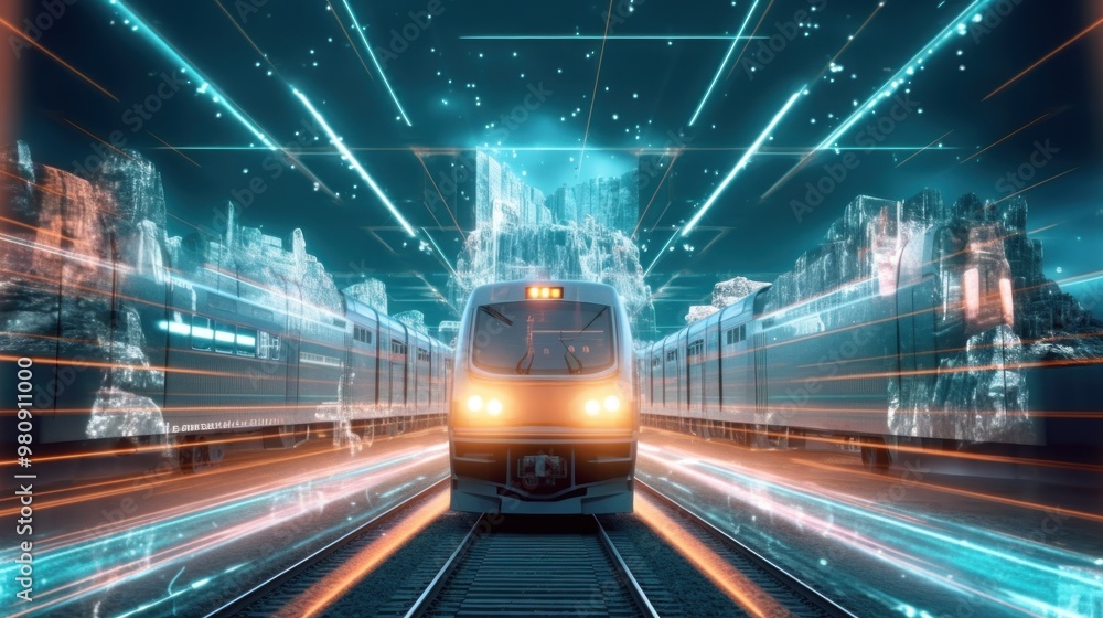 High Speed Train Traveling Through Digital Landscape High Speed Train Traveling Through Digital Landscape