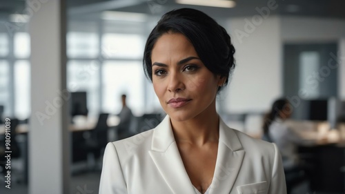 Free Download adult black hair hispanic woman in white formal attire model portrait looking confident on an office background for ad concept space for text - GFXLoad