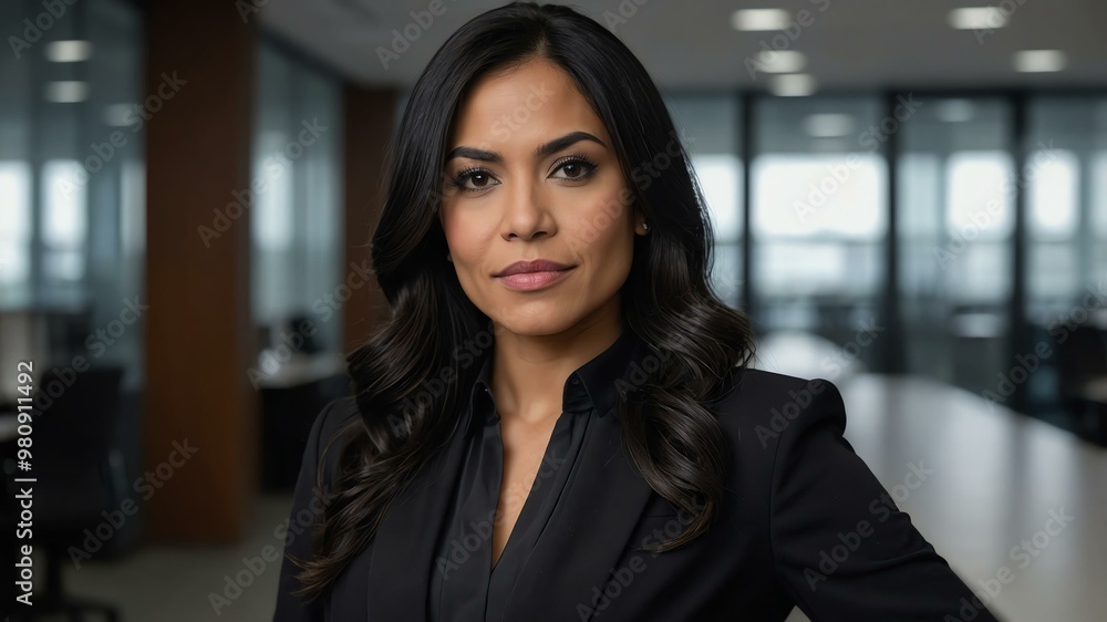 Fototapeta premium adult black hair hispanic woman in black formal attire model portrait looking confident on an office background for ad concept space for text
