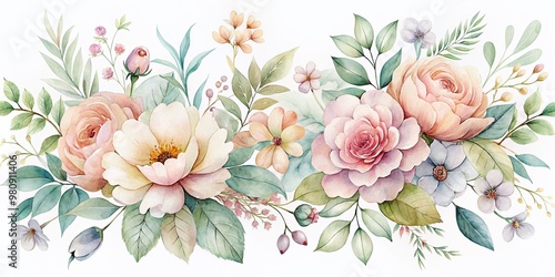Delicate watercolor flowers in soft pastel hues arranged in a vintage floral art design background, reminiscent of a beautiful botanical print.