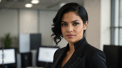 adult black hair hispanic woman in black formal attire model portrait looking confident on an office background for ad concept space for text Free Download adult black hair hispanic woman in black formal attire model portrait looking confident on an office background for ad concept space for text - GFXLoad