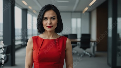 Free Download adult black hair finnougric woman in red formal attire model portrait looking confident on an office background for ad concept space for text - GFXLoad
