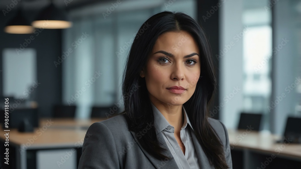 Fototapeta premium adult black hair finnougric woman in gray formal attire model portrait looking confident on an office background for ad concept space for text