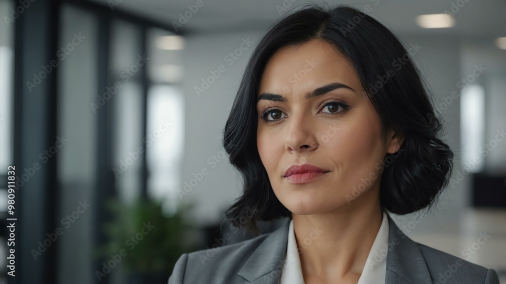Fototapeta premium adult black hair finnougric woman in gray formal attire model portrait looking confident on an office background for ad concept space for text