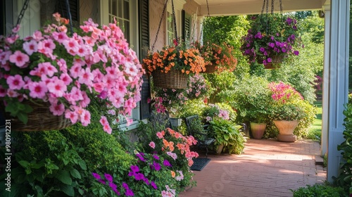 The entrance to a white wooden historic house with a white door and colorful flowers and garden plants.  photo