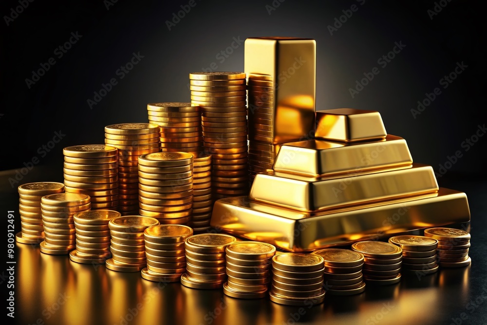 Luxurious gold bars and coins stacked against a sleek black background, accentuating the opulence and wealth associated Luxurious gold bars and coins stacked against a sleek black background, accentuating the opulence and wealth associated