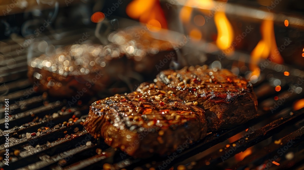 Beef steak sizzling on the grill with fire Beef steak sizzling on the grill with fire